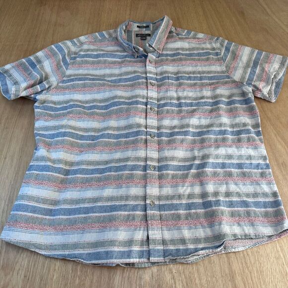 Eddie Bauer Men’s 2XL Classic Fit Short Sleeve Cotton Striped Shirt Blue Red - Picture 1 of 6
